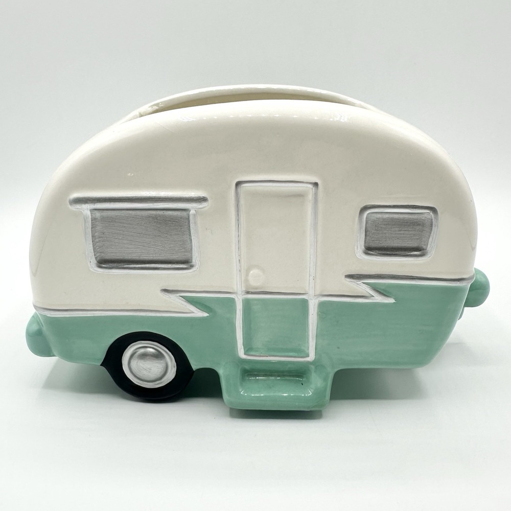 Teleflora Ceramic Retro 1950s Camper Camping Trailer Planter Vase Teal White